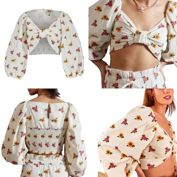 Farm Rio Floral Cross Stitch Embroidered Crop Top XS Puff Sleeves Boho Summer - Picture 1 of 12